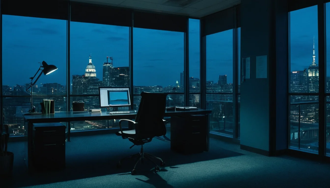 Empty office at night with one lit workstation, work continuing automatically