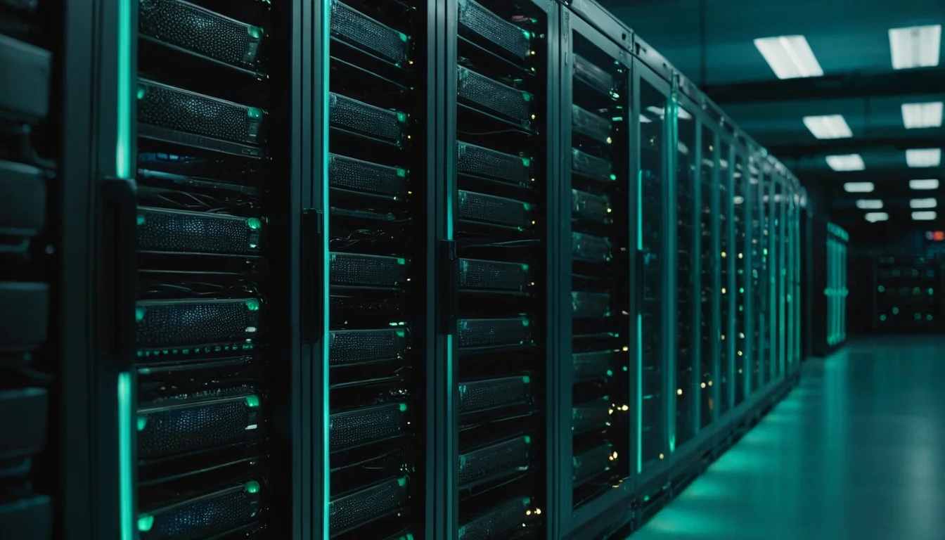 Server aisle at night with green and cyan status lights, always running
