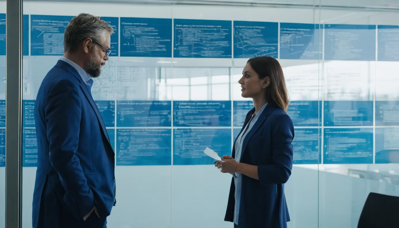 Consultant and client discussing process diagrams on a glass wall in a meeting room