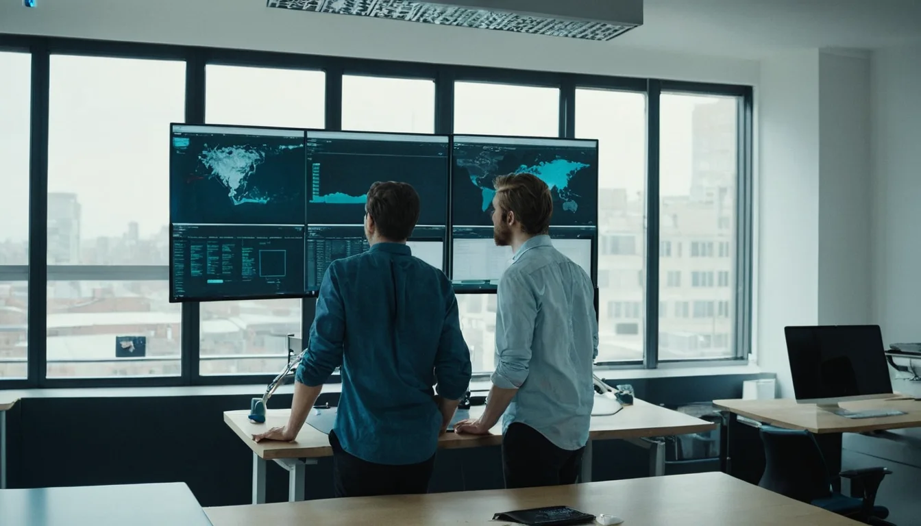 Designer and developer reviewing an operational dashboard on a large display